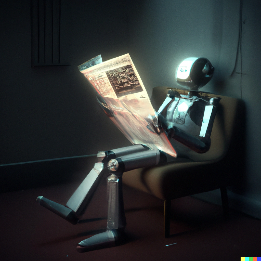 A robot reading the newspaper, digital art.png